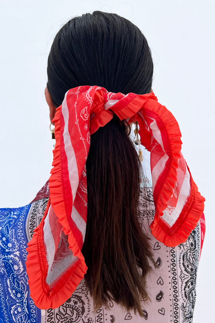 Red Bandana with Ruffle Trim | Western Paisley Print Scarf