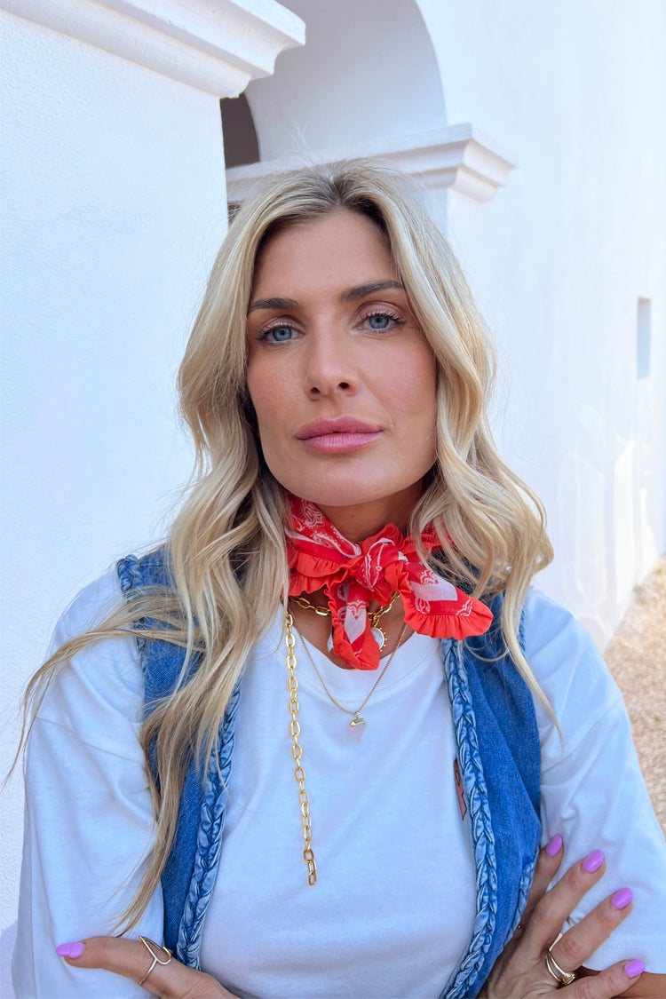 Red Bandana with Ruffle Trim | Western Paisley Print Scarf