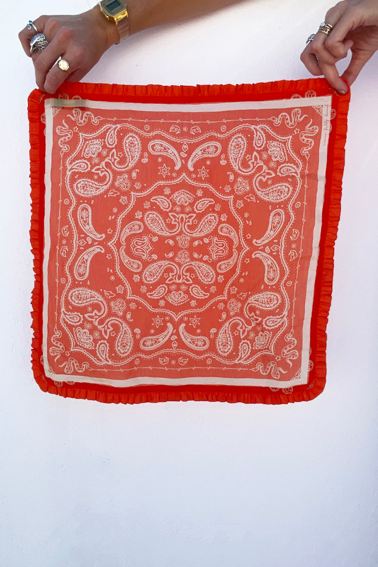 Red Bandana with Ruffle Trim | Western Paisley Print Scarf