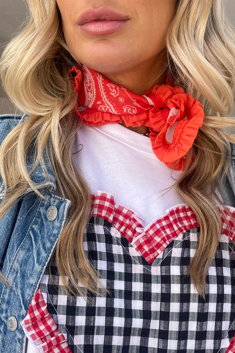Red Bandana with Ruffle Trim | Western Paisley Print Scarf