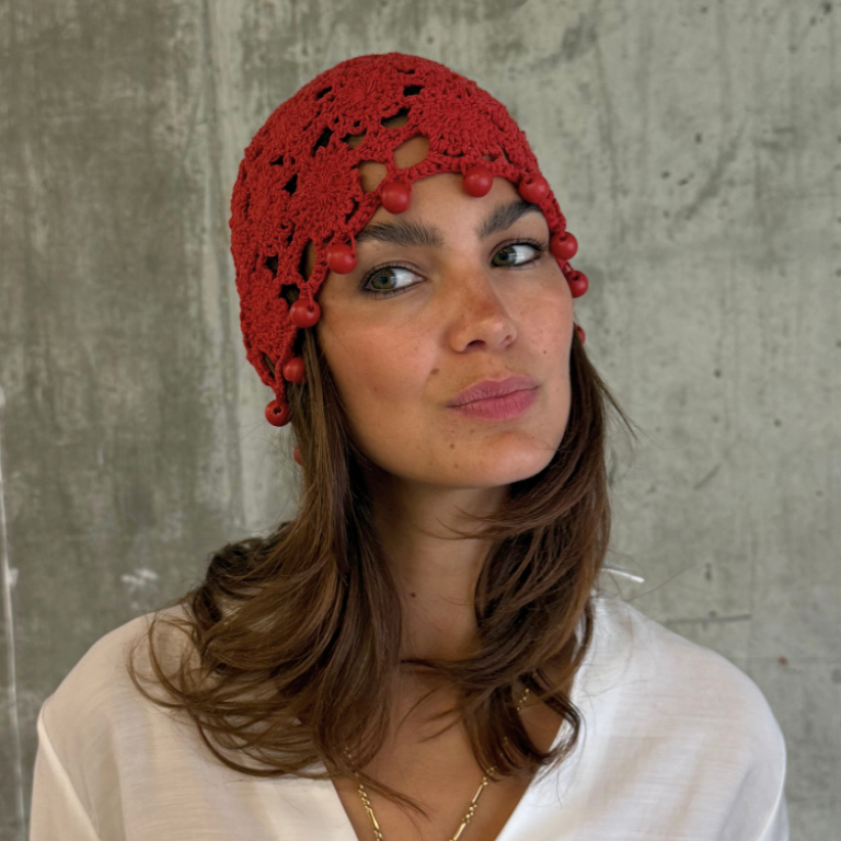 Red Crochet Beanie with Floral & Bead Details | Boho Handmade Cotton Hat