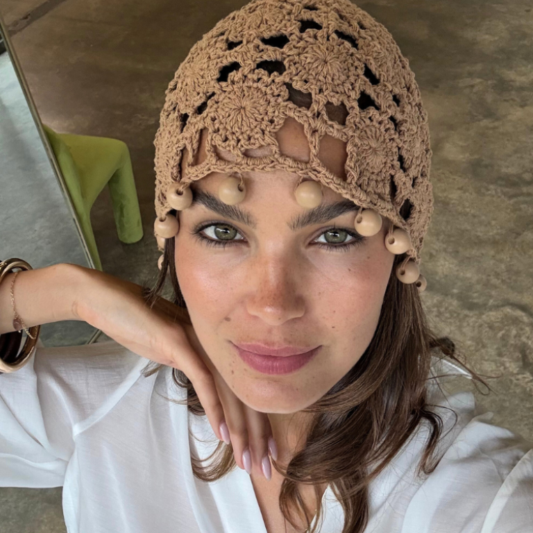 Tan Crochet Beanie with Floral Detailing & Wooden Beads | Boho Style