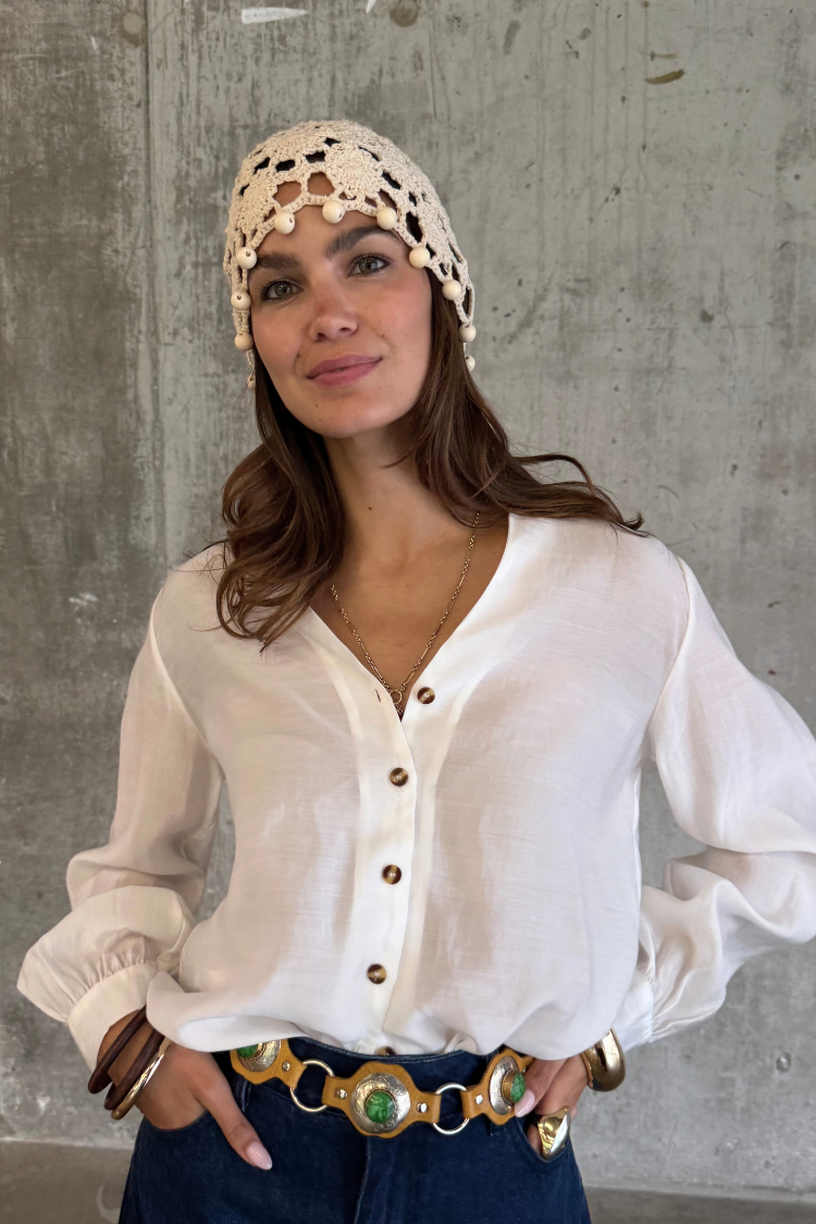 Handmade Crochet Beanie with Floral Detailing & Wooden Beads | Boho Style