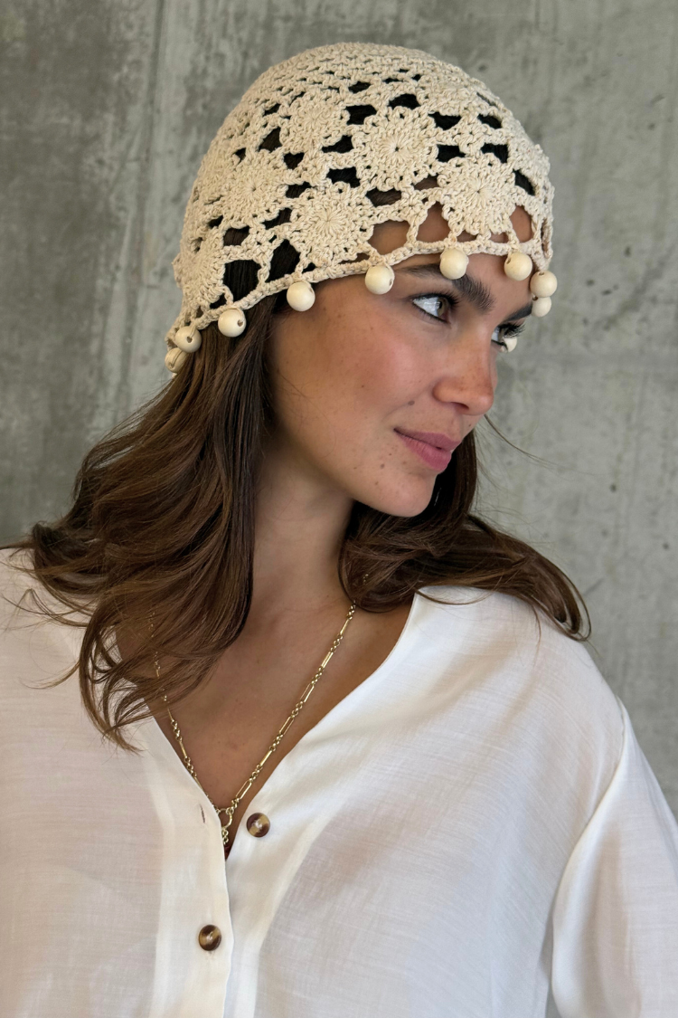 Handmade Crochet Beanie with Floral Detailing & Wooden Beads | Boho Style