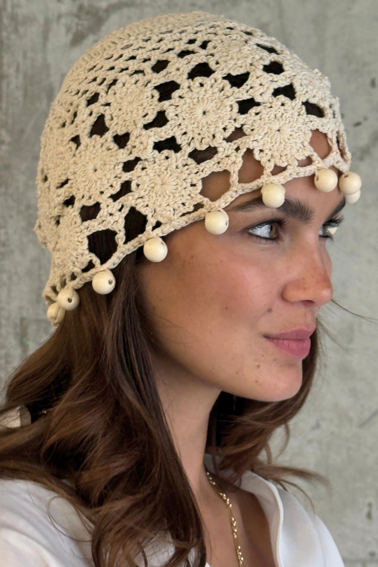 Handmade Crochet Beanie with Floral Detailing & Wooden Beads | Boho Style