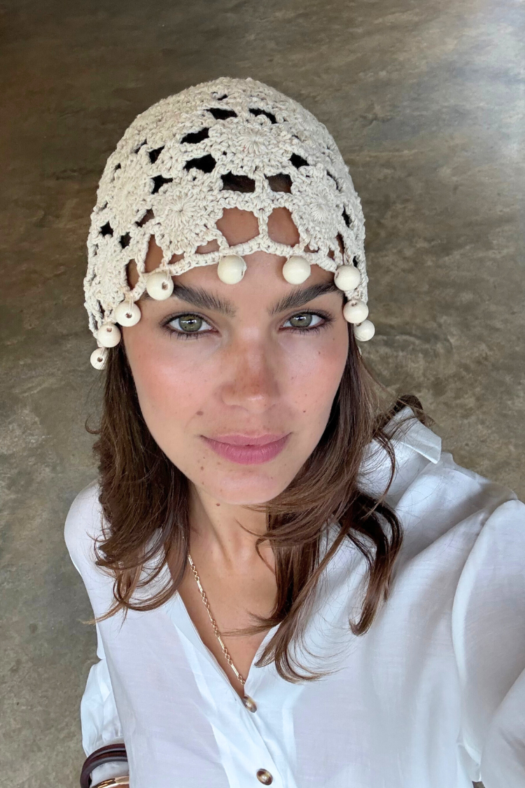 Handmade Crochet Beanie with Floral Detailing & Wooden Beads | Boho Style