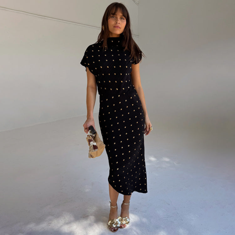 Black Plisse Desiree Dress with Elastic Waist | Asymmetric Wedding Guest Dress