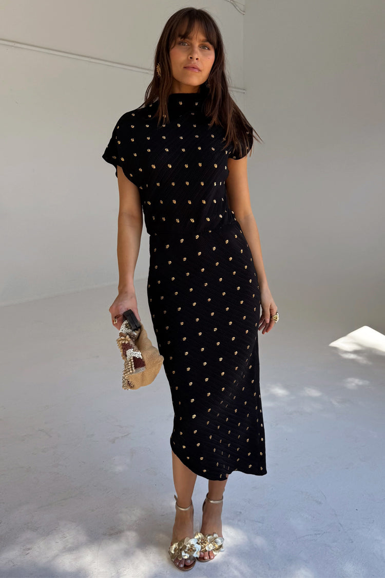 Black Plisse Desiree Dress with Elastic Waist | Asymmetric Wedding Guest Dress