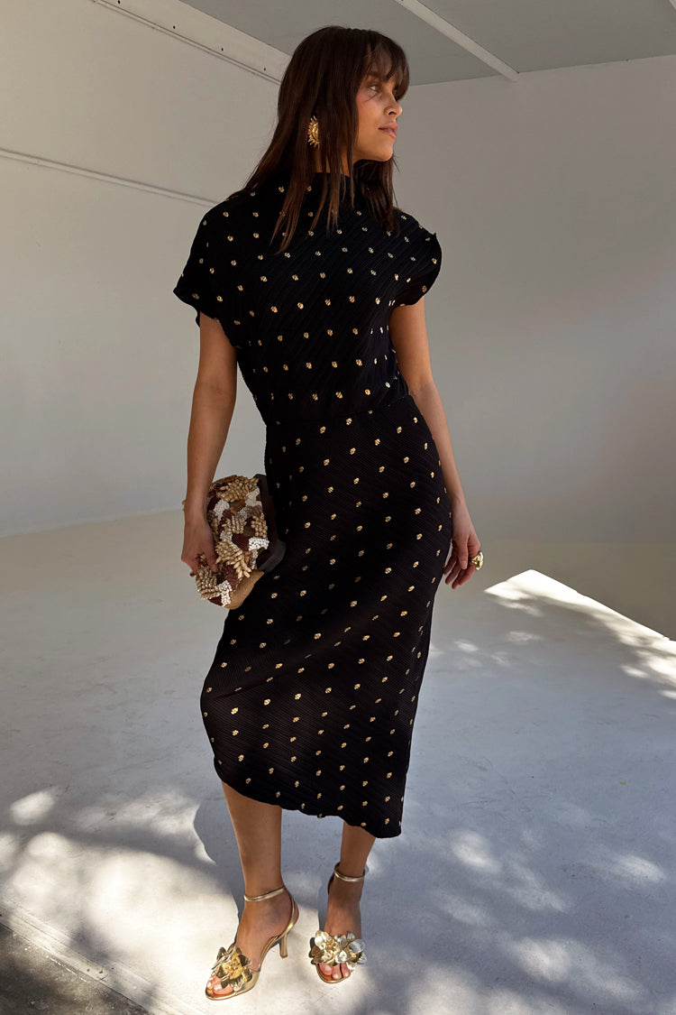 Black Plisse Desiree Dress with Elastic Waist | Asymmetric Wedding Guest Dress