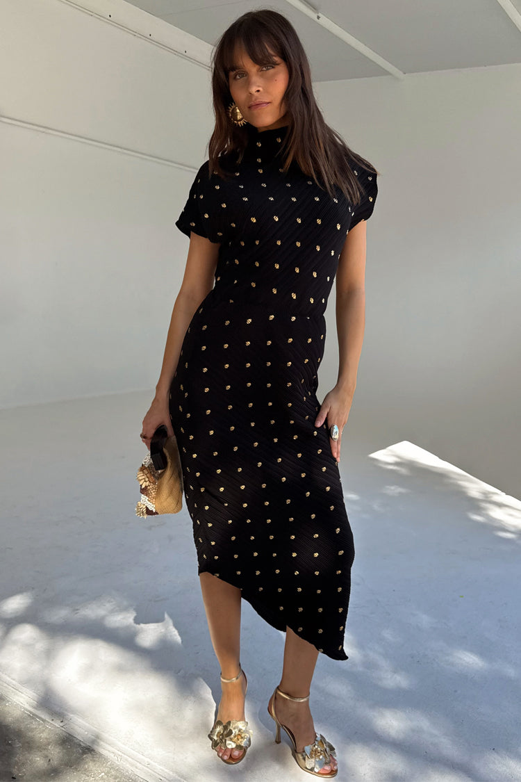 Black Plisse Desiree Dress with Elastic Waist | Asymmetric Wedding Guest Dress