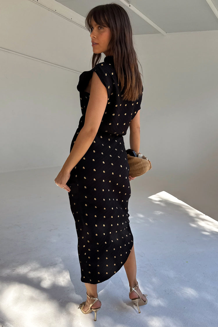 Black Plisse Desiree Dress with Elastic Waist | Asymmetric Wedding Guest Dress
