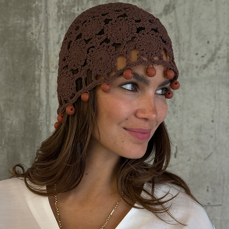 Boho Crochet Beanie with Floral Detailing & Wooden Beads | NFD