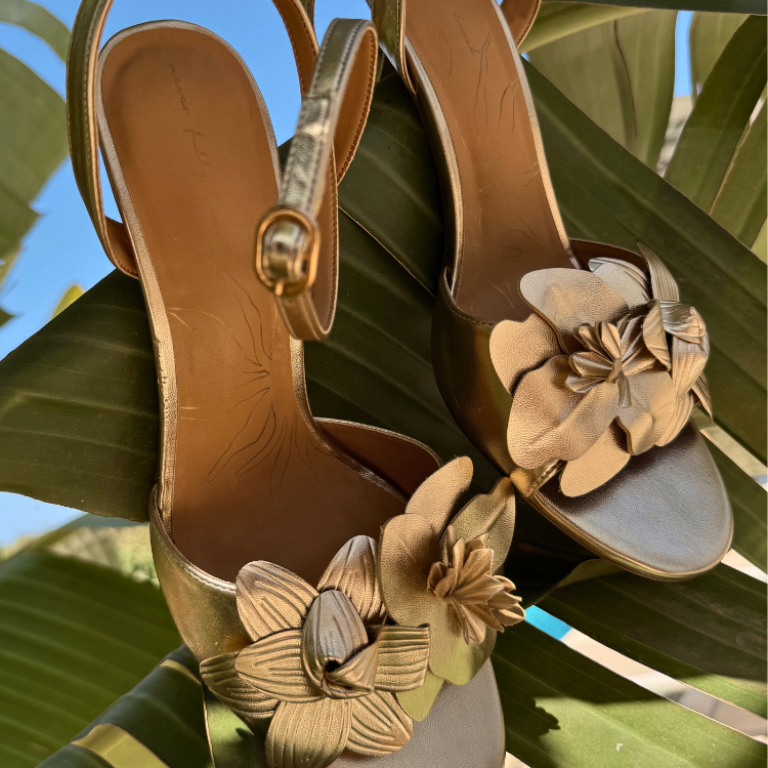 Gold Strappy Heels with 3D Flower Details | 9.5cm Heel