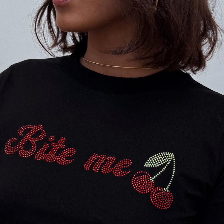 Bite Me Baby T-Shirt | Black Cotton Tee for Women
