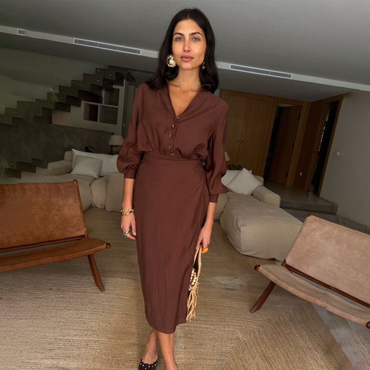 Chocolate Brown Midi Shirt Dress with Wrap Skirt | Miley
