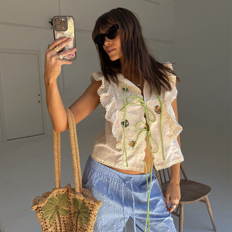 Lightweight Cotton Blend Tia Top with Lace Trim | Cream Isla