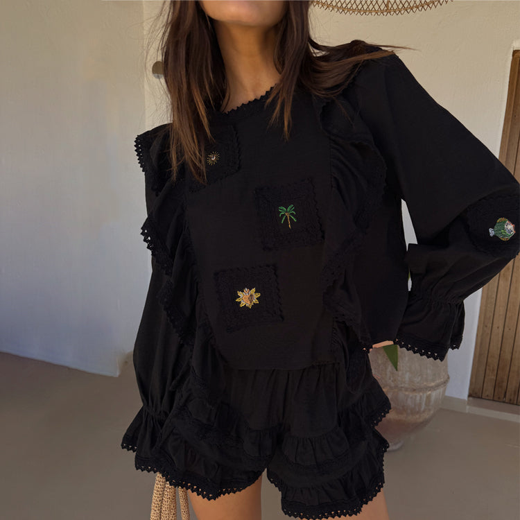 Black Cotton Blend Isla Top with Ruffles & Lace Trim | NFD