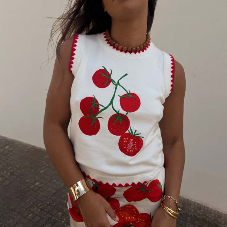 Tomato Print Knit Tank Top for Women | Soft Summer Vest with Scallop Trim