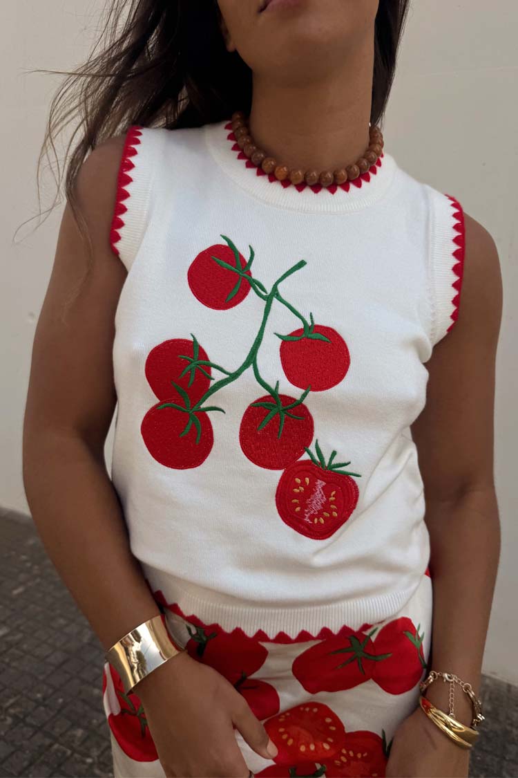 Tomato Print Knit Tank Top for Women | Soft Summer Vest with Scallop Trim
