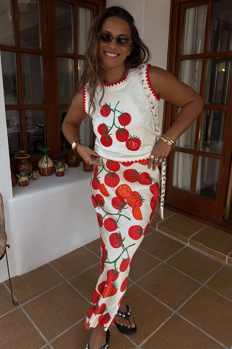 Tomato Print Knit Tank Top for Women | Soft Summer Vest with Scallop Trim