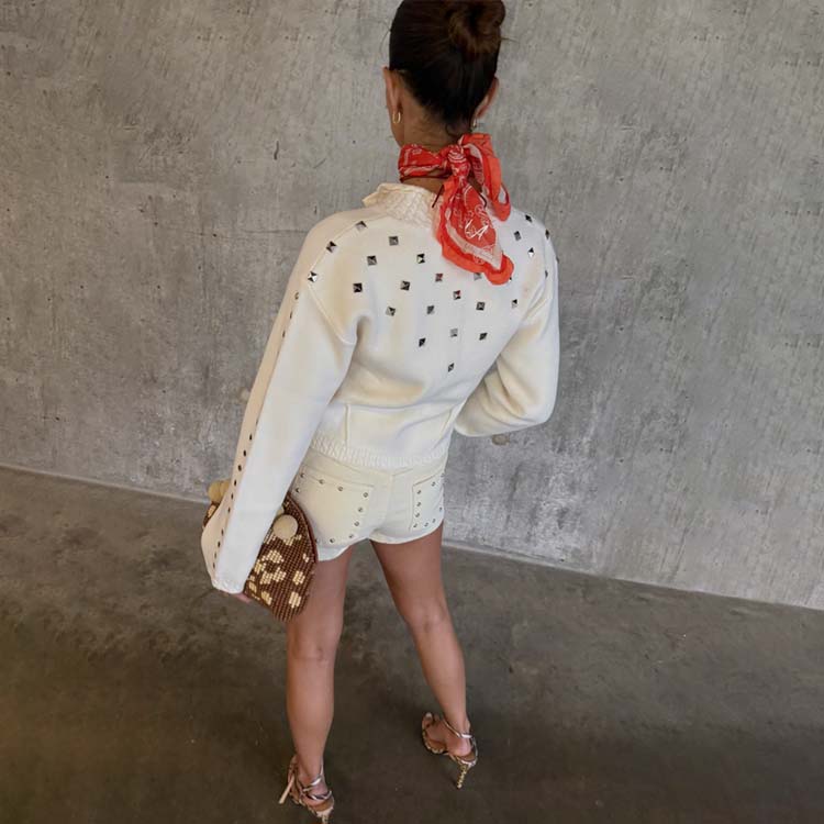 Studded Cardigan with Silver Metal Studs & Structured Fit | Ecru