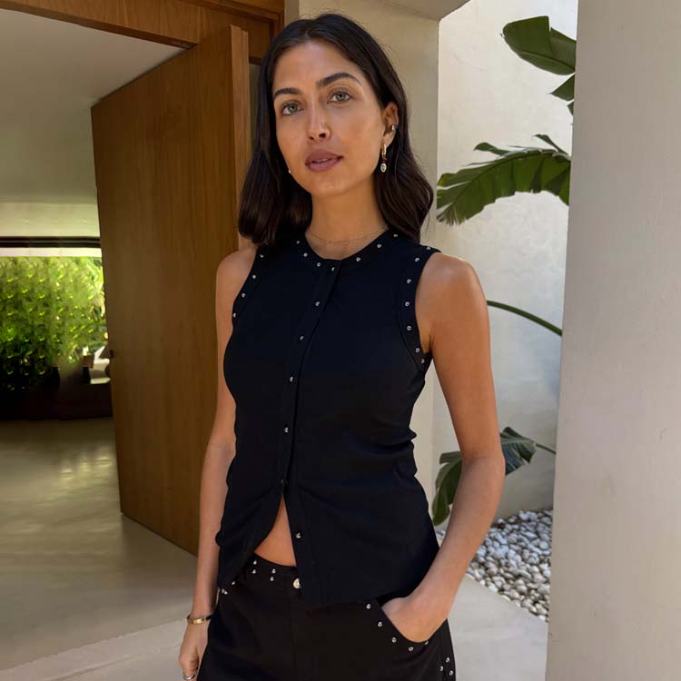 Black Studded Button-Up Tank Top | Ribbed Cotton Blend Tee