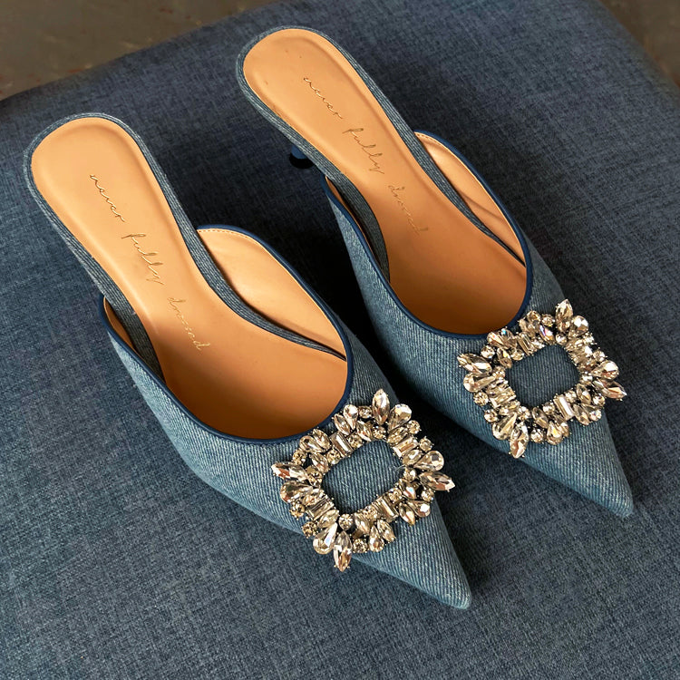Denim Mules with Sparkly Buckle & Kitten Heel | Embellished City Shoes