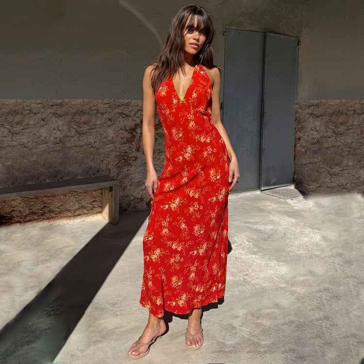 Red Floral Halter Dress for Summer | Vintage 90s Style with Bow Detail