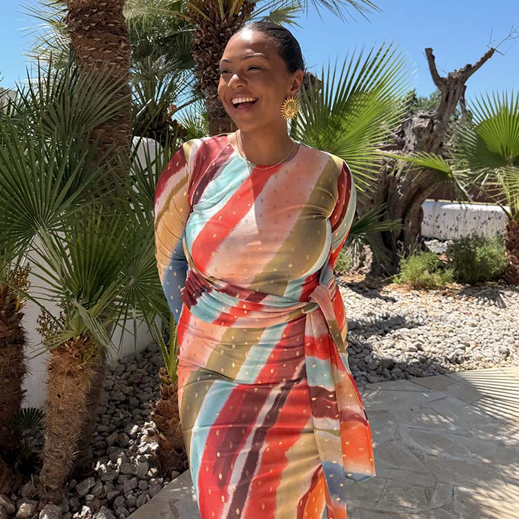 Sunset Stripe Mesh Midi Dress with Wrap Tie Waist | Fully Lined