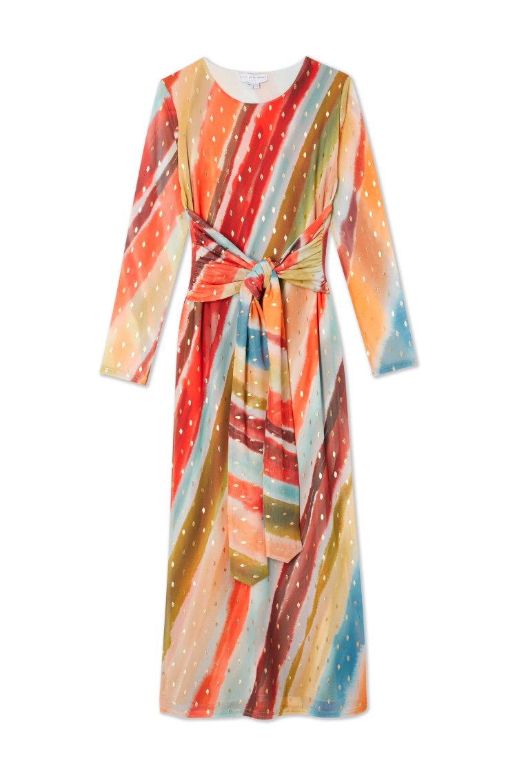 Sunset Stripe Mesh Midi Dress with Wrap Tie Waist | Fully Lined