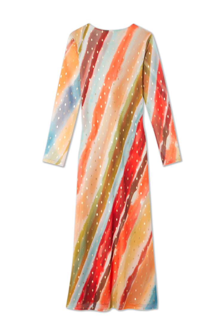 Sunset Stripe Mesh Midi Dress with Wrap Tie Waist | Fully Lined