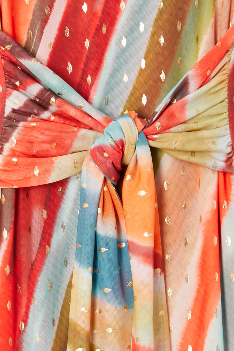 Sunset Stripe Mesh Midi Dress with Wrap Tie Waist | Fully Lined