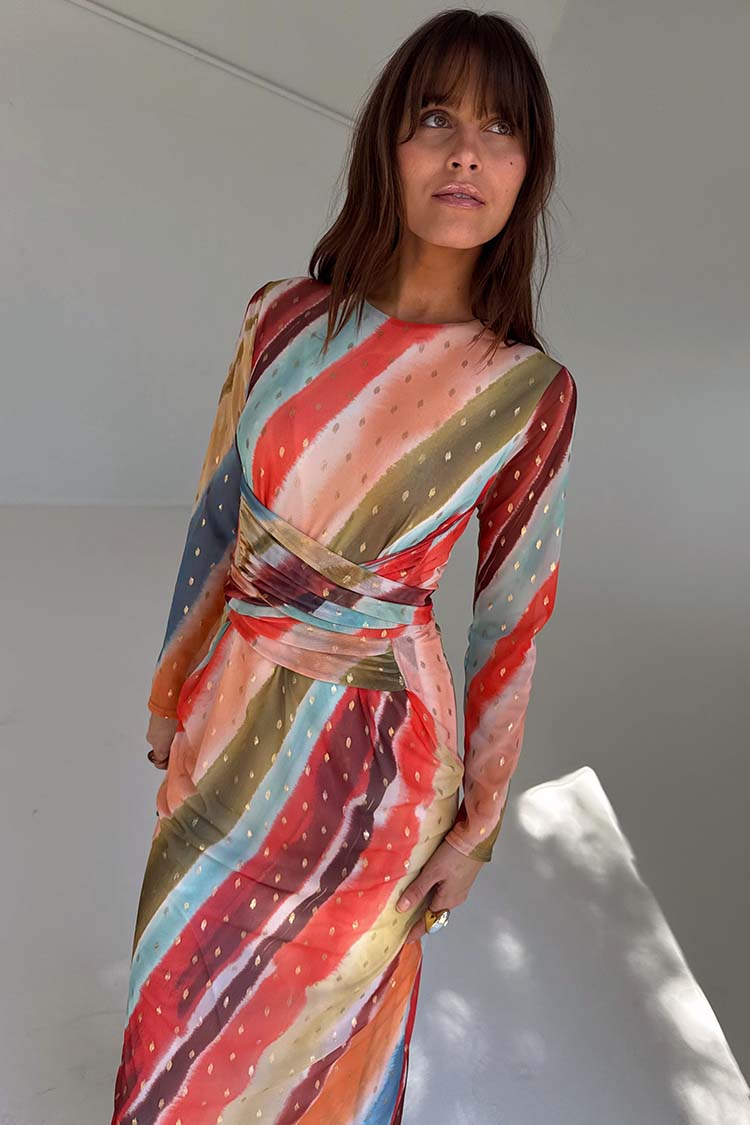 Sunset Stripe Mesh Midi Dress with Wrap Tie Waist | Fully Lined