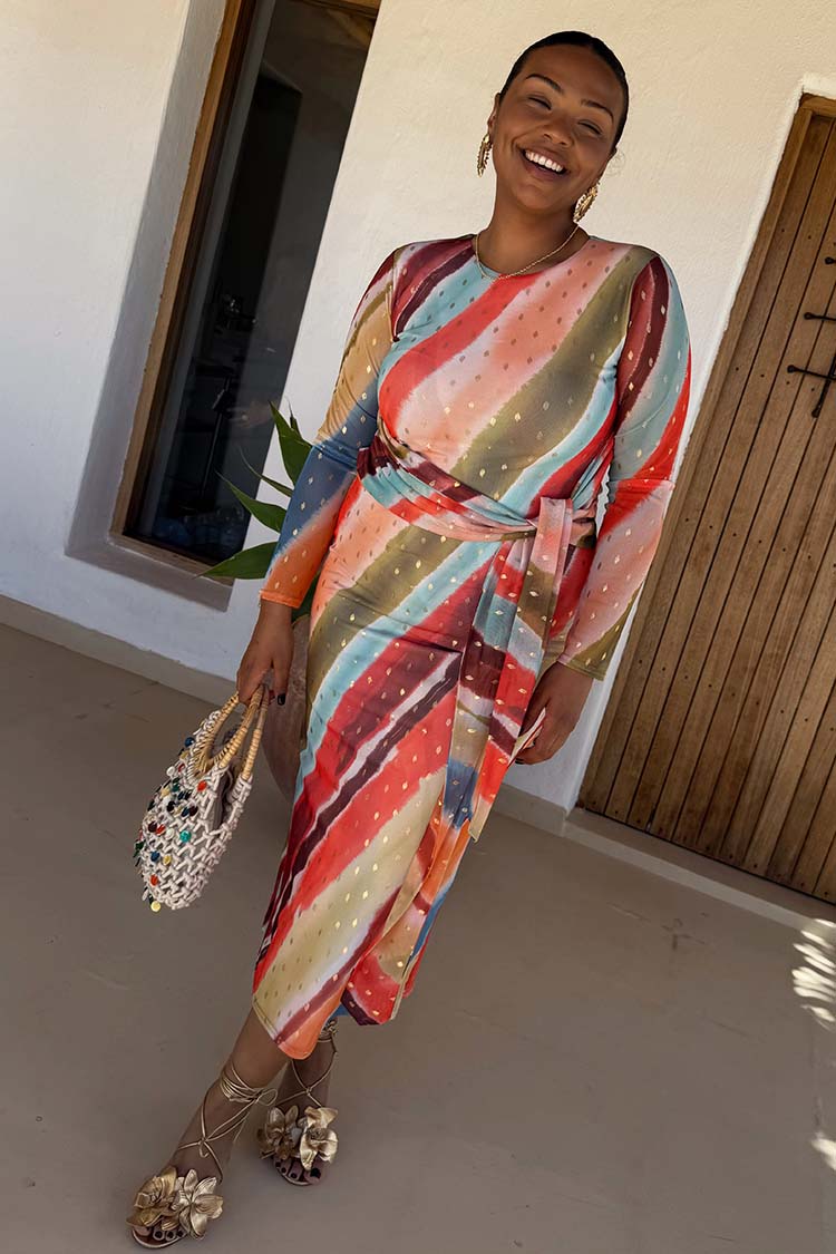 Sunset Stripe Mesh Midi Dress with Wrap Tie Waist | Fully Lined