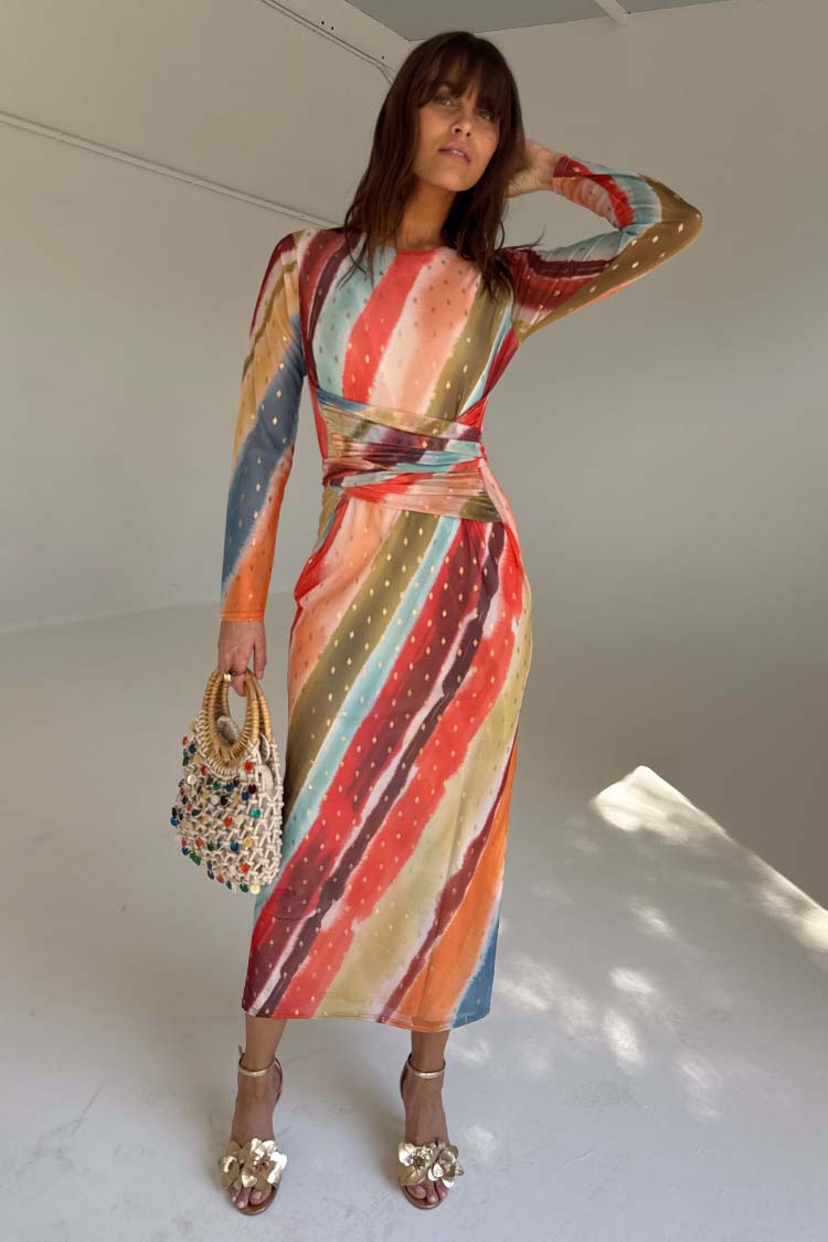Sunset Stripe Mesh Midi Dress with Wrap Tie Waist | Fully Lined