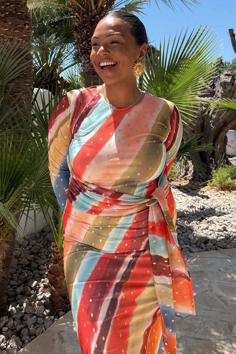 Sunset Stripe Mesh Midi Dress with Wrap Tie Waist | Fully Lined