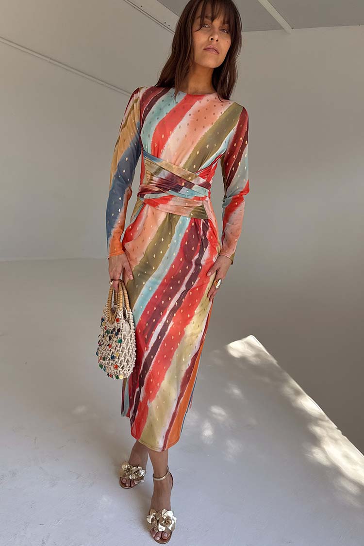 Sunset Stripe Mesh Midi Dress with Wrap Tie Waist | Fully Lined