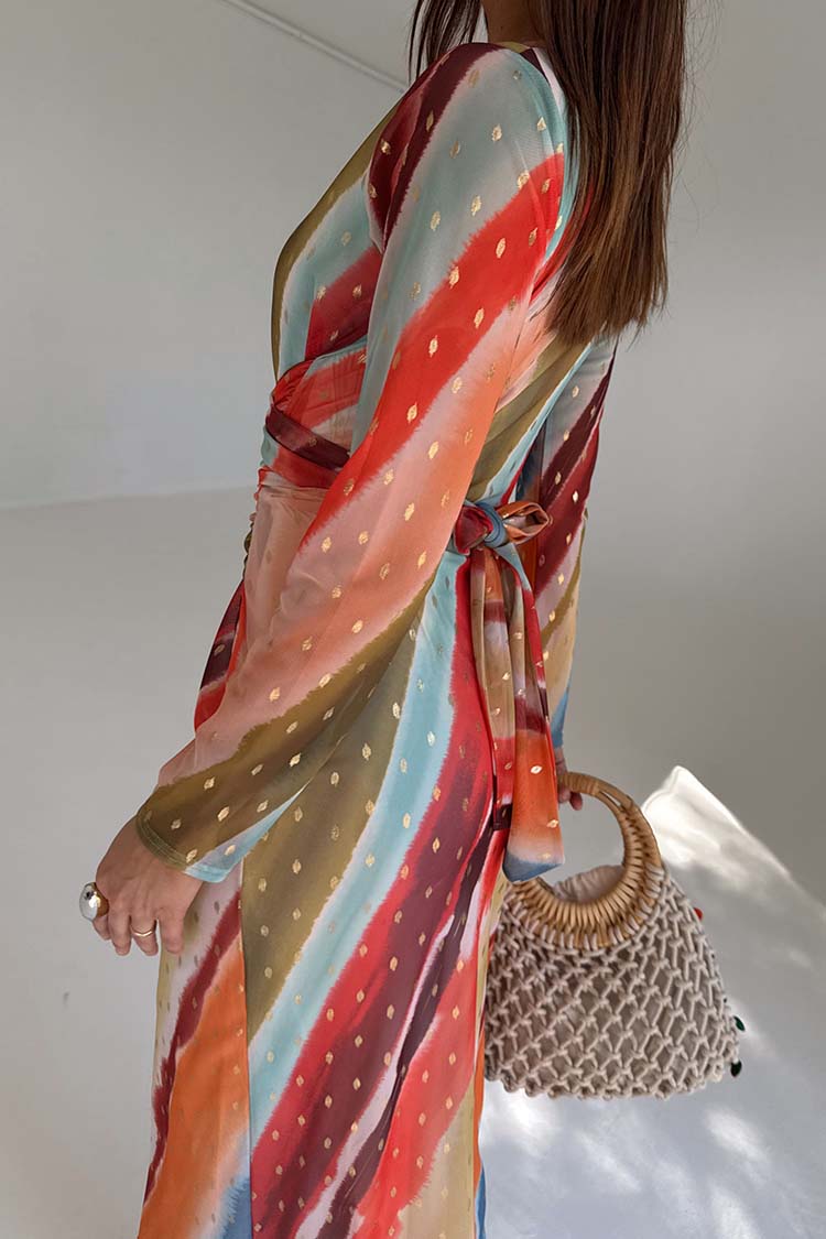 Sunset Stripe Mesh Midi Dress with Wrap Tie Waist | Fully Lined