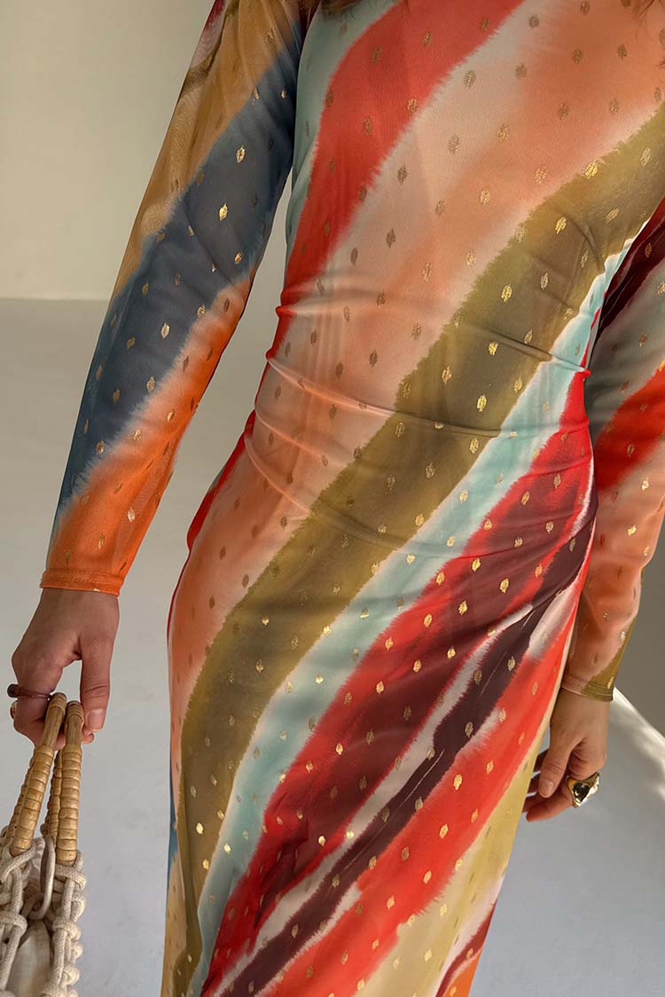 Sunset Stripe Mesh Midi Dress with Wrap Tie Waist | Fully Lined