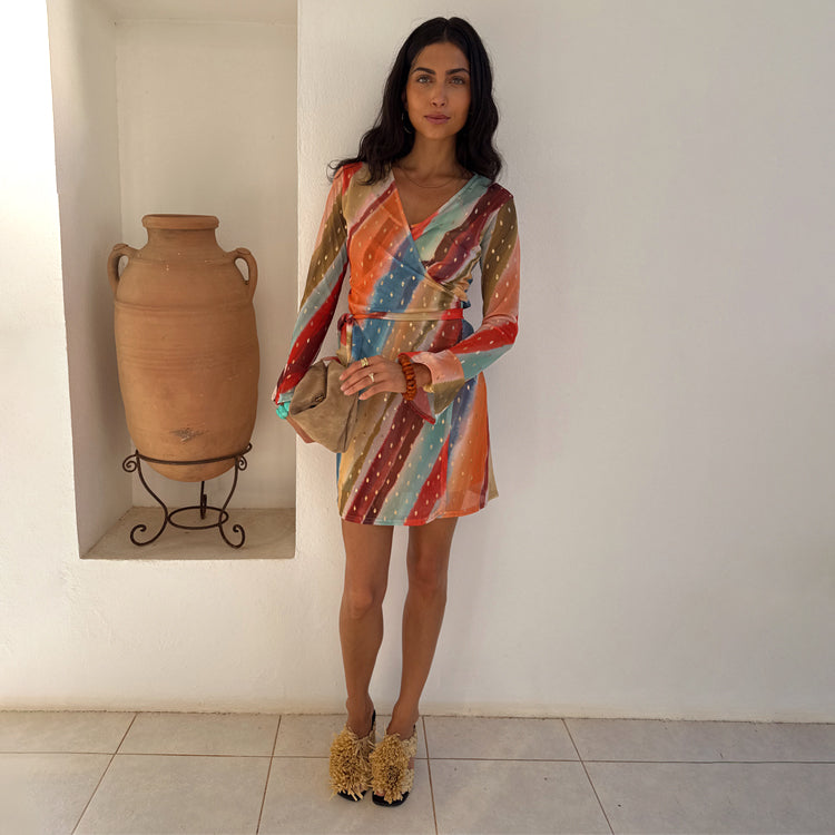 Sunset Stripe Mini Wrap Dress for Summer | Breastfeeding Friendly
