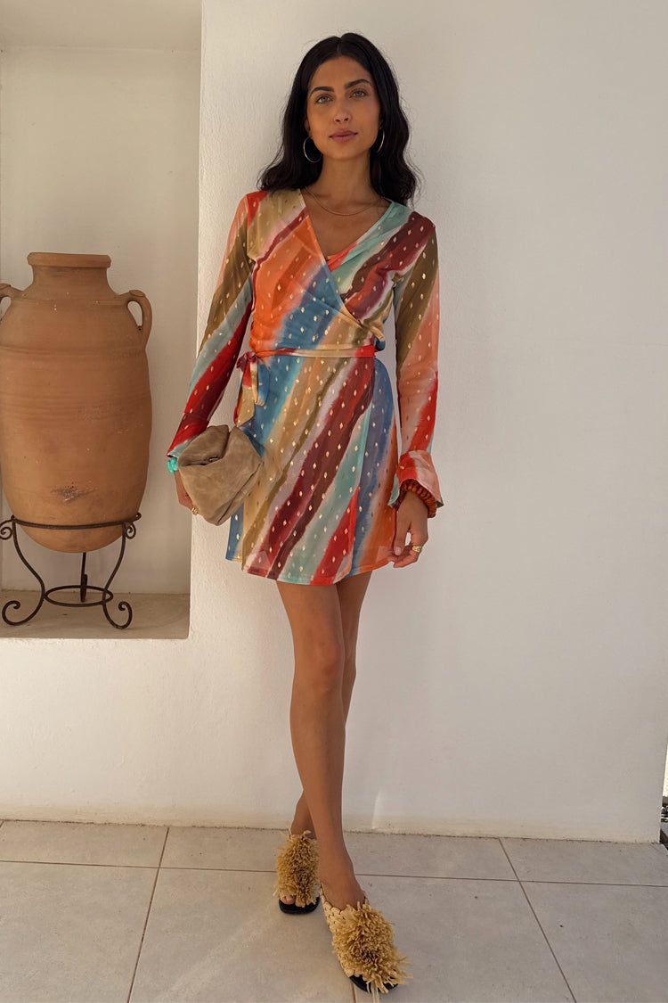 Sunset Stripe Mini Wrap Dress for Summer | Breastfeeding Friendly