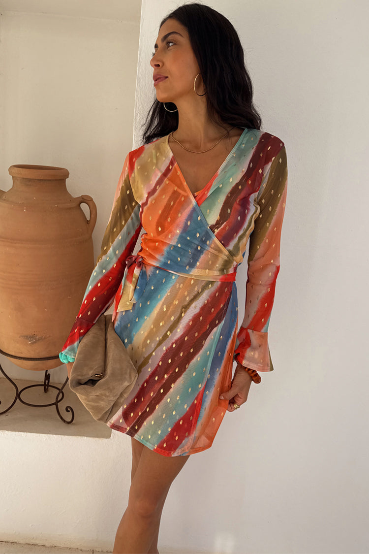 Sunset Stripe Mini Wrap Dress for Summer | Breastfeeding Friendly