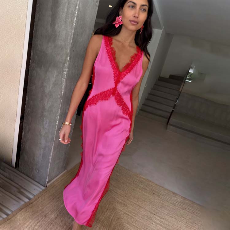 Pink Lace Dress with Red Detailing | Clio Summer Dress