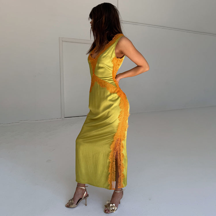 Olive Green Lace Dress with Side Slit | Clio Summer Dress