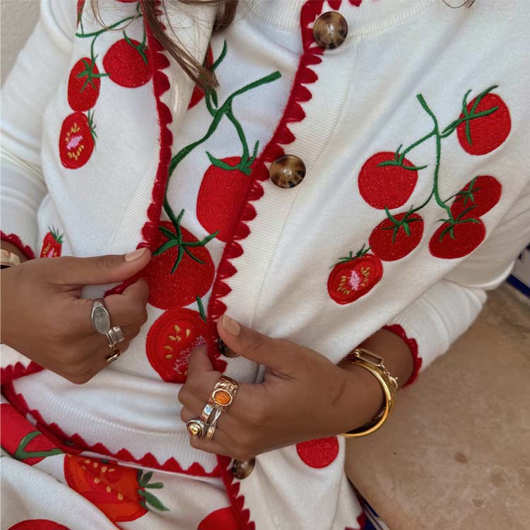 Tomato Print Knit Cardigan - Soft Embroidered Cream Sweater