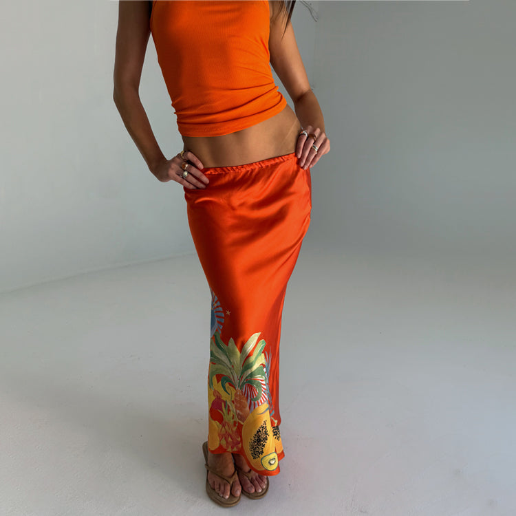 Orange Rio Print Dorris Skirt - Tropical Summer Skirt with Elastic Waist | 100% Viscose