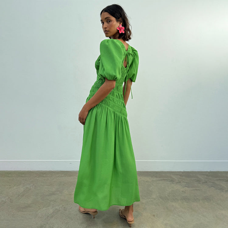 Shirred Green Dress with Adjustable Neckline | Nara