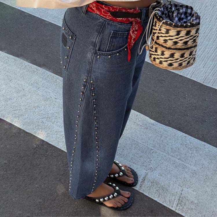 Blue Studded Barrel Jeans for Women | NFD Logo & Side Studs