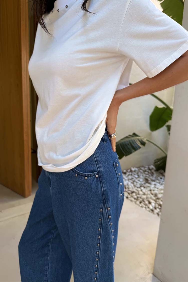 Blue Studded Barrel Jeans for Women | NFD Logo & Side Studs