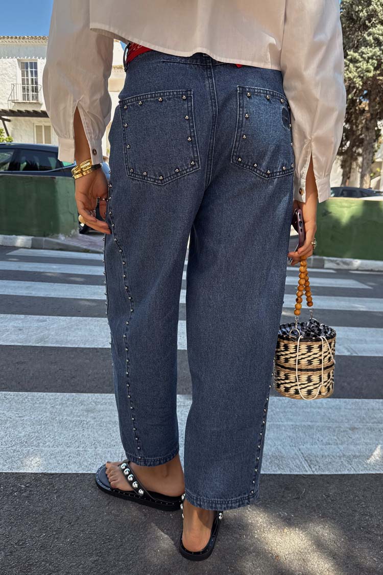 Blue Studded Barrel Jeans for Women | NFD Logo & Side Studs